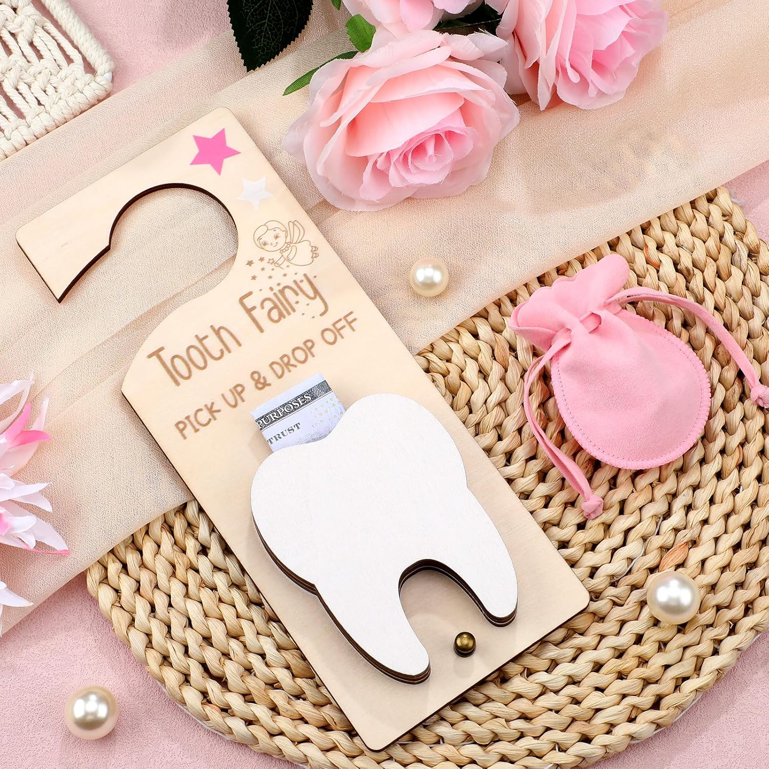 DoubleFill Tooth Fairy Door Hanger Pouch Keepsake Box,Classic,Pink