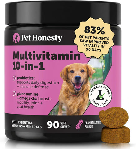 10-in-1 Dog Multivitamin Supplement with Glucosamine & Probiotics - Hip & Joint Support, Digestive Health, Immune Support, Heart & Skin - All-in-One Daily Vitamins & Omega-3s (Peanut Butter, 90 ct)