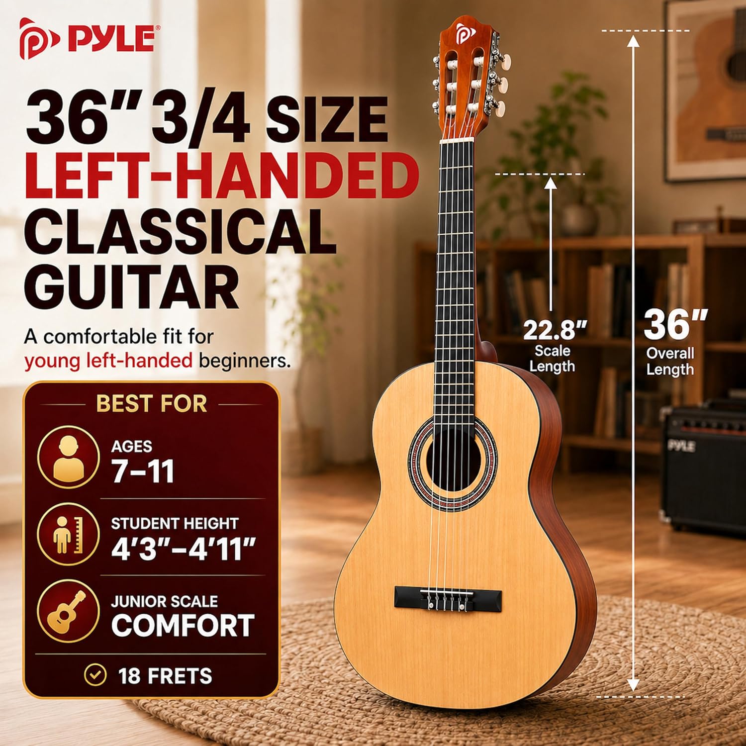 Pyle 36-Inch Left-Handed Classical Acoustic Guitar Kit, 3/4 Size Junior Nylon String Guitar for Kids and Adults, Includes Gig Bag, Strap, Spare Strings, Picks, Cleaning Cloth, 18 Frets, Gloss Finish