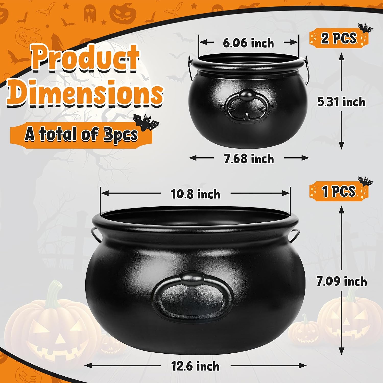 3 PCS Halloween Cauldron, Black Plastic Witch Cauldron Pots for Party Decor