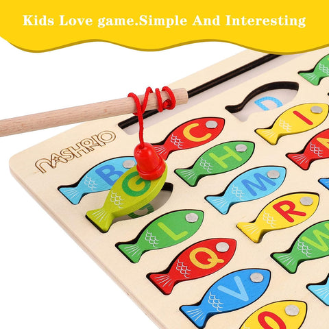 Magnetic Wooden Fishing Game Toy for Preschoolers, Alphabet Fish Catching Counting Games Puzzle with Numbers and Letters, Preschool Learning ABC and Math Educational Toys for 3 4 5 Years Old Kids