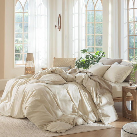 MooMee Duvet Cover Set 100% Washed Cotton Linen Like Twin