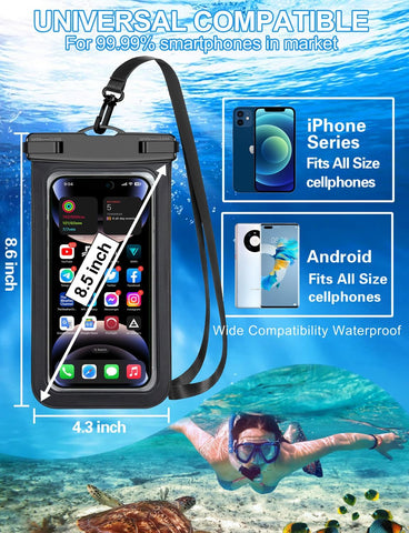 Waterproof Phone Pouch,2 Pack Black White Phone Waterproof Case,Cell Phone Dry Bag,Protection Level: IP68,Beach Cruise for Apple iPhone,Samsung,and More,Lanyard Included,(Fits Up to 8.3”),Black,White