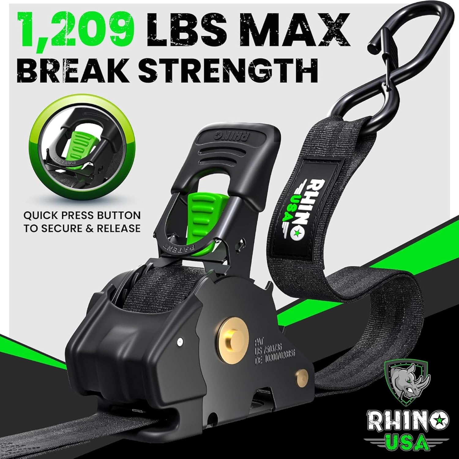 Rhino USA Retractable Ratchet Straps (2-Pack) - 1in x 10ft, 1,209lb, Black