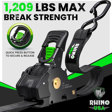 Rhino USA Retractable Ratchet Straps (2-Pack) - 1in x 10ft, 1,209lb, Black