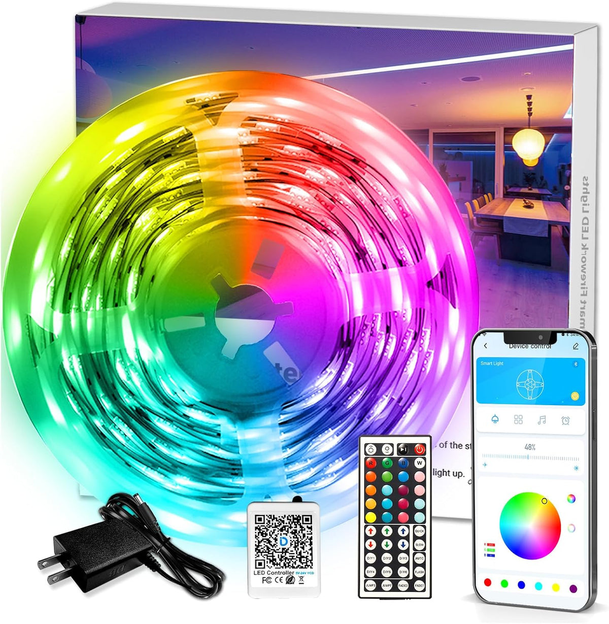DAYBETTER LED Strip Lights 110ft, RGB Music Sync Smart App Control 1 Roll