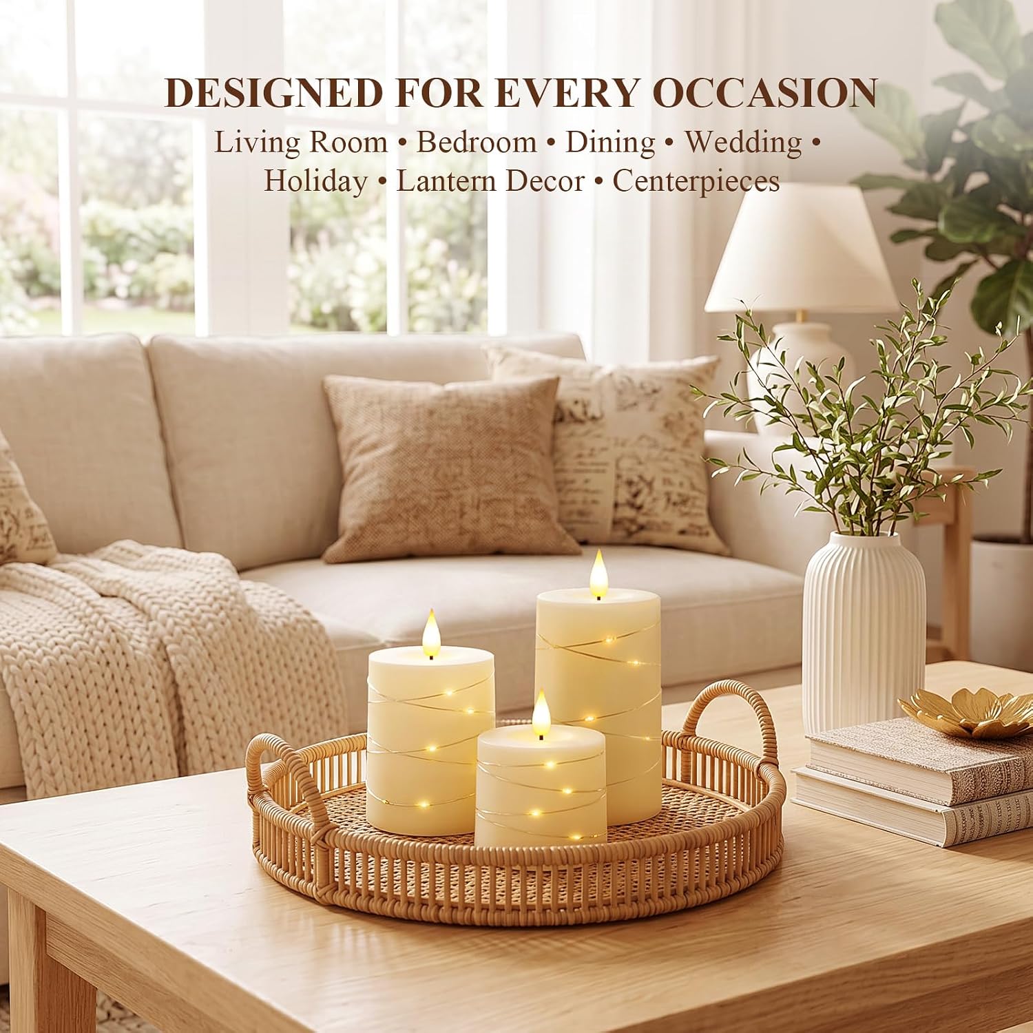 Homemory Ivory Flameless Candles with String Lights, Set of 3 Battery Operated LED Pillar Candles with 3D Flickering Wicks, 11-Key Remote Control and Timer for Home, Wedding and Christmas Decor