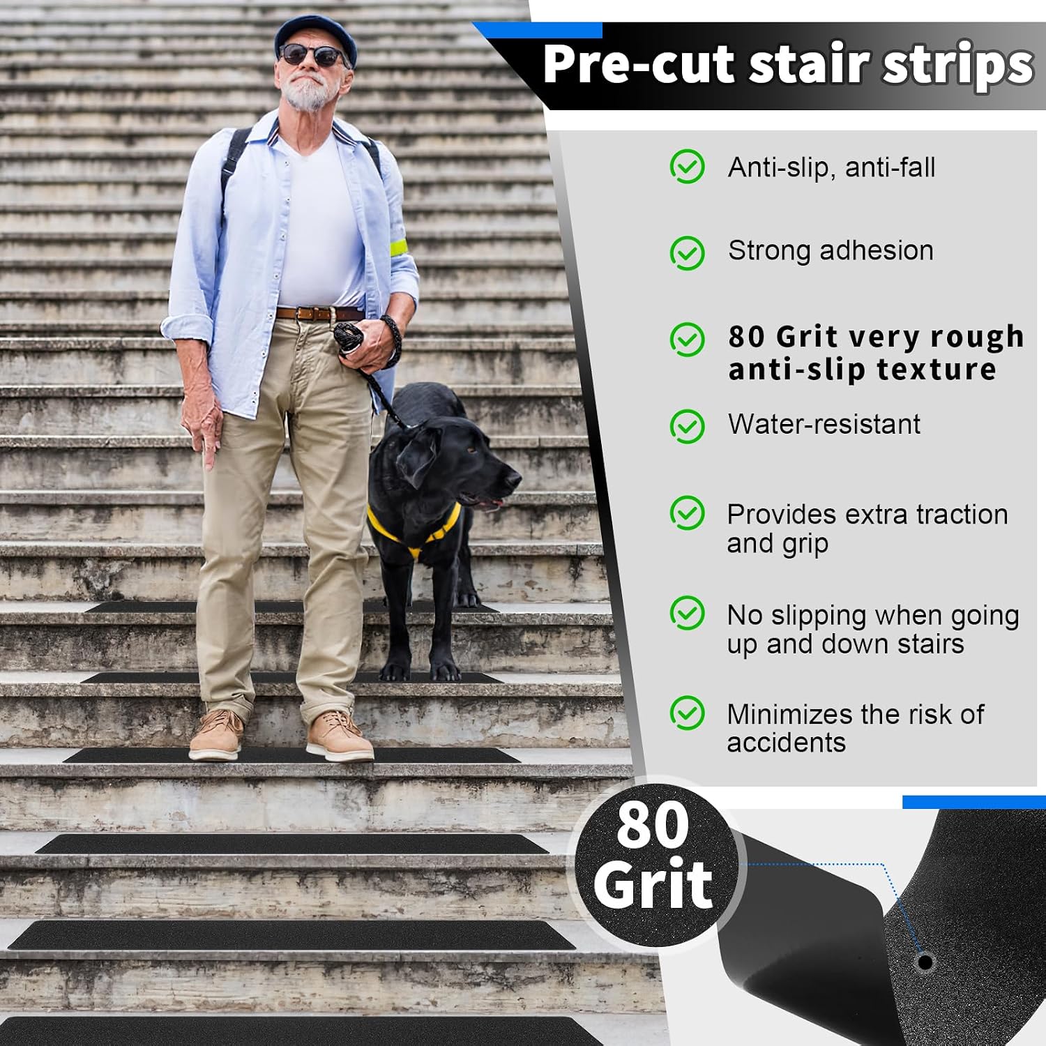 SMILOOL Outdoor Stair Treads Non-Slip Step Strips for Wooden Steps 10 Pack 6” x 30” Anti Slip Grip Tape Precut for Outside Stairs, Non Skid Stair Tread Mats Weather Resistant for Outdoors, Black