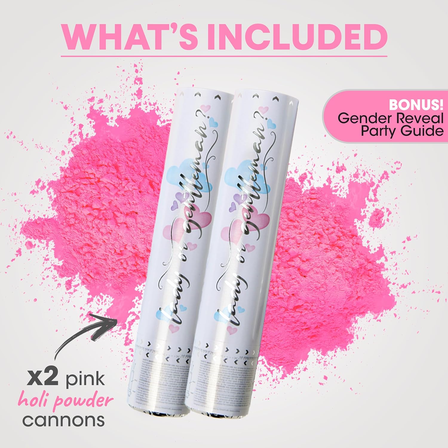 PrimePure Gender Reveal Confetti Cannon, Biodegradable Pink Powder, 2 Pack