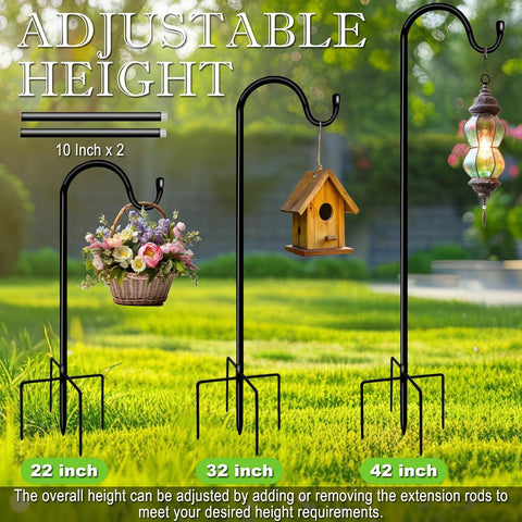 Shepherds Hooks for Outdoor 42 Inch Garden Bird Feeder Pole with 5 Prongs Base Adjustable for Hanging Flower Basket Plant Pot Solar Lantern Light Wind Chime Hanger for Wedding Decor 1 Pack