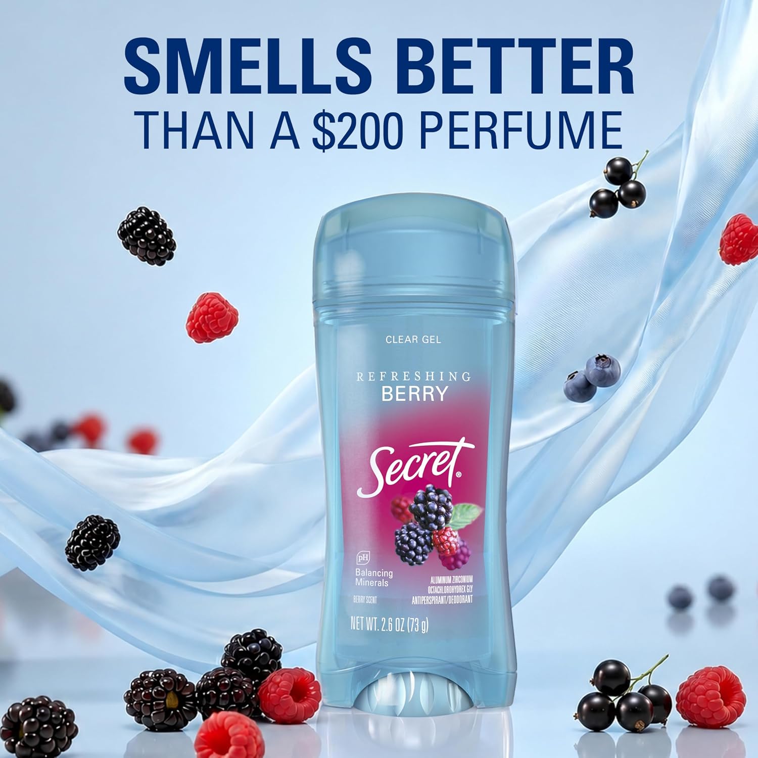 Secret Fresh Antiperspirant Deodorant for Women, 72hr Breathable Sweat & Odor Protection, Instant Freshness & Gentle, PH Balancing Minerals, Clear Gel, Refreshing Berry Scent, 2.6 oz (Pack of 6)