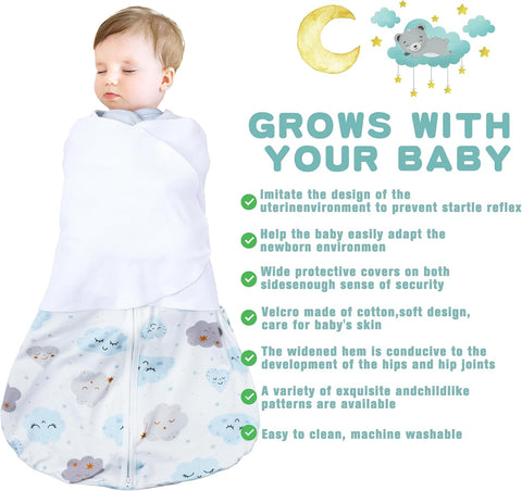 BSTOPPT Newborn Sleep Sack Baby Swaddle,3-6 Months,3-Way Adjustable Wearable Blanket,100% Rayon Cotton Swaddling sleeping bag，TOG 0.5（Clouds&Starry Sky）