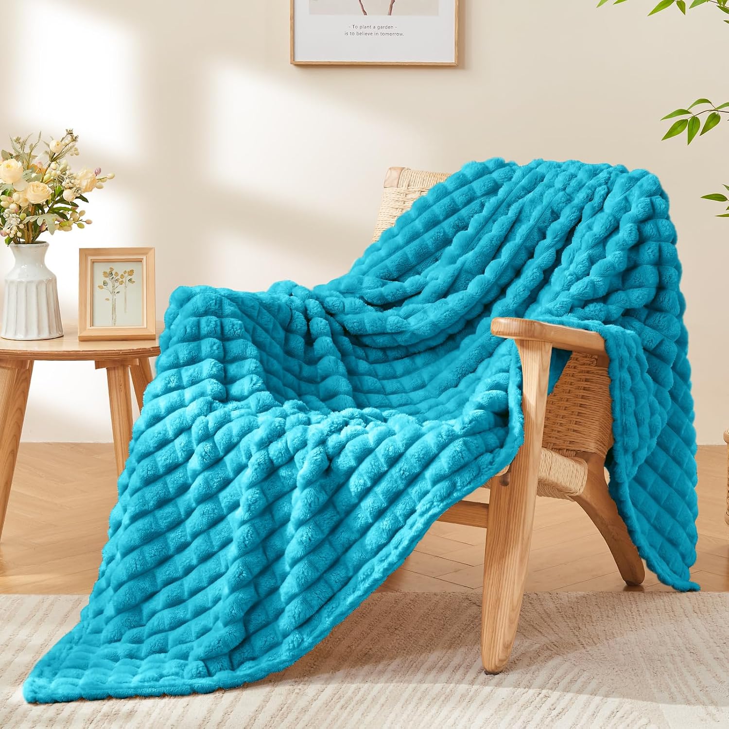 BEDELITE 3D Checked Teal Fleece Twin Throw Blanket for Bed, 60x80 Inch