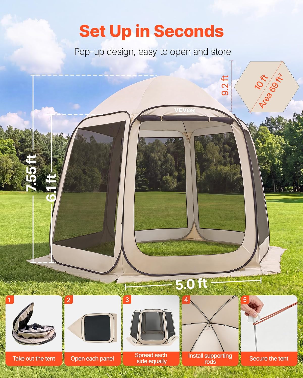 VEVOR Pop up Screen House Tent, 10 x 9.2 ft, 4-8 Person Screen Gazebo, Portable Screened in Canopy with Carry Bag, Netting Sides, Ground Stakes, for Garden, Patio, Backyard, Outdoor Activities, Beige