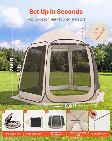 VEVOR Pop up Screen House Tent, 10 x 9.2 ft, 4-8 Person Screen Gazebo, Portable Screened in Canopy with Carry Bag, Netting Sides, Ground Stakes, for Garden, Patio, Backyard, Outdoor Activities, Beige