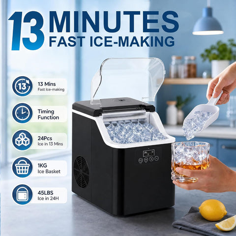 Ice Cube Maker Countertop, 45 lbs/Day, 24 Cubes Ready in 6 Mins, 2 Ways to Add Water, 42 dB Quiet, Self-Cleaning, Timer & Adjustable Ice Making, with Basket & Scoop