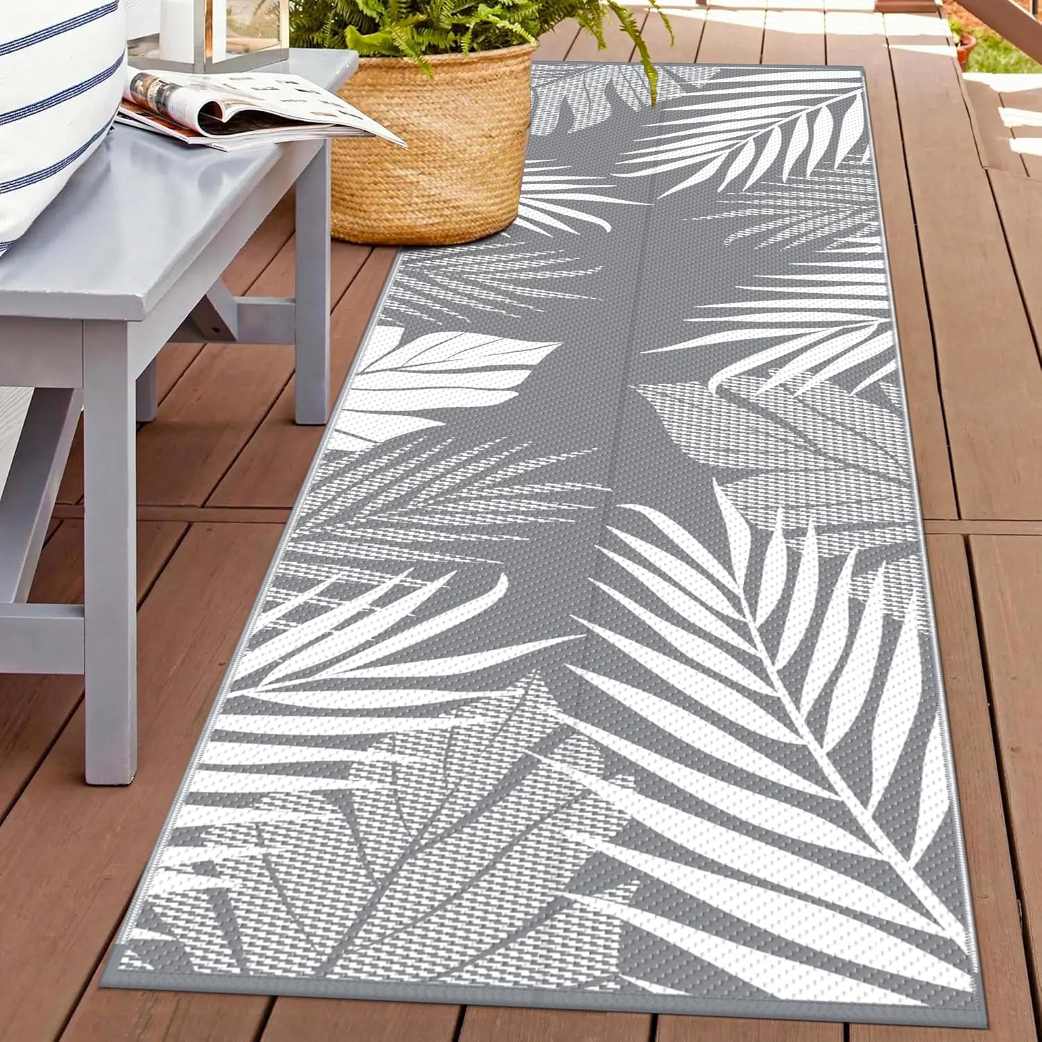 GENIMO Outdoor Rug, Waterproof Plastic Runner Rugs, 2.5'x8' Grey White