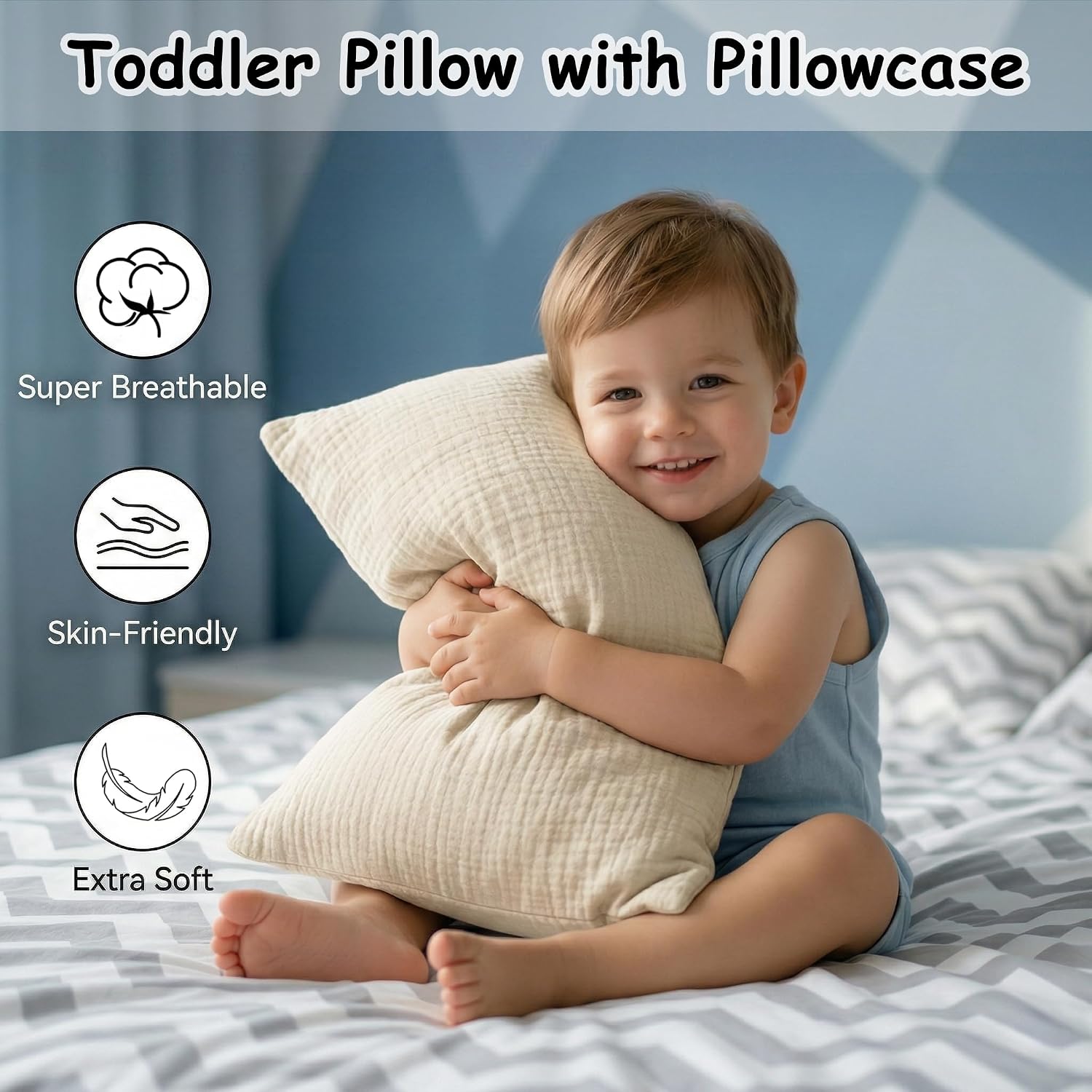 Toddler Pillow with 100% Muslin Cotton Pillowcase, 13x18, Beige
