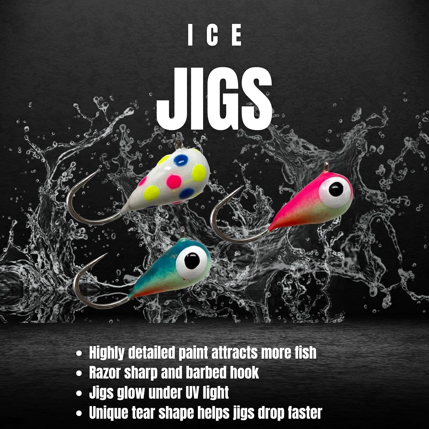 Reaction Tackle Tungsten Ice Fishing Jigs, Tear Drop Jig Heads that Glow with UV Light for Panfish, Crappie, Walleye, Perch, Trout and Bluegill