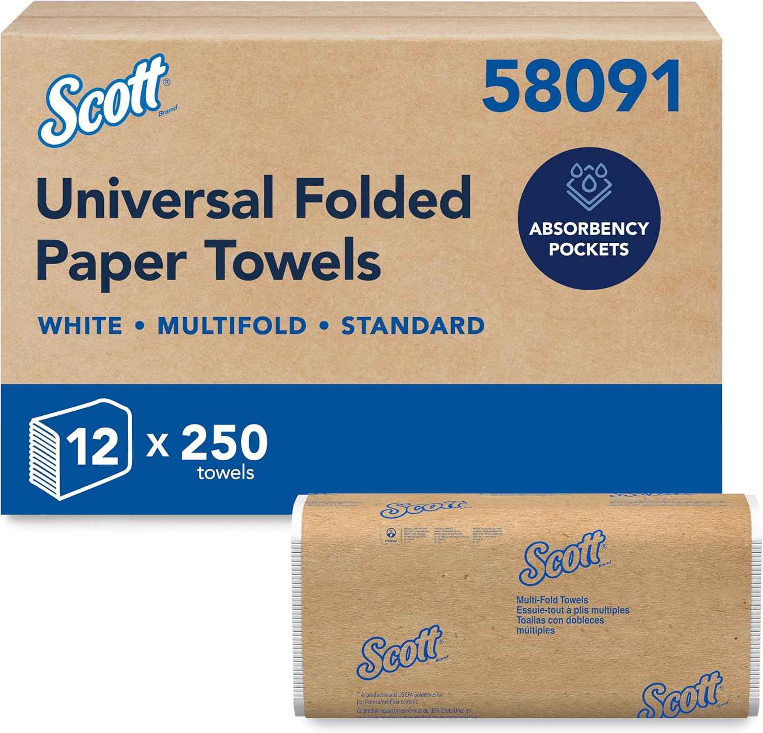 Scott Professional Multifold Paper Towels, Bulk, 12 x 250 Sheets (58091) | Universal, Standard Tier, Absorbency Pockets, Compressed, White, Compatible with Universal Folded Towel Dispensers