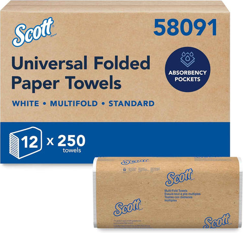 Scott Professional Multifold Paper Towels, Bulk, 12 x 250 Sheets (58091) | Universal, Standard Tier, Absorbency Pockets, Compressed, White, Compatible with Universal Folded Towel Dispensers