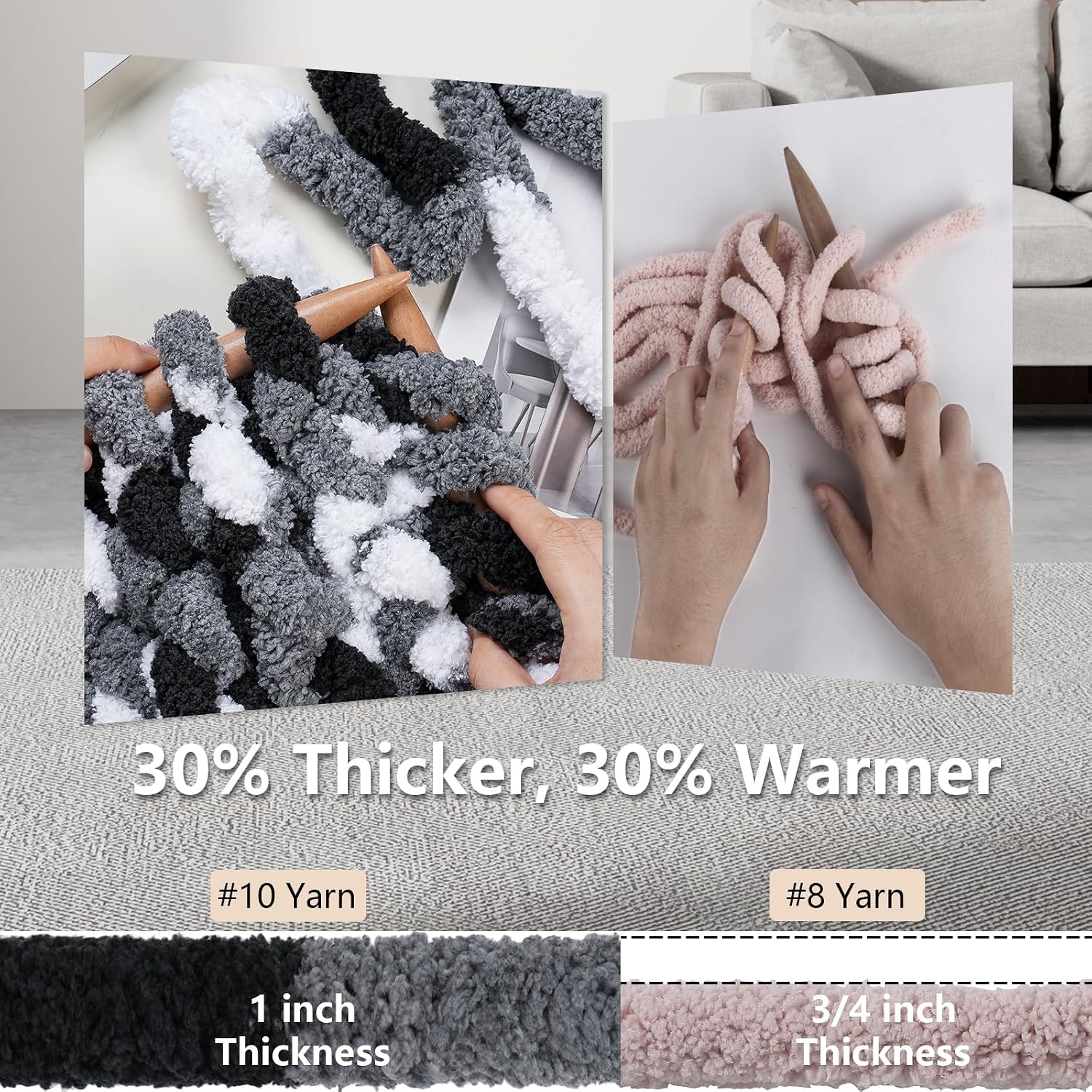 Cozyful Chunky Yarn for Hand Knitting - #10 Chunky Chenille Blanket Yarn, Jumbo Big Thick Chunky Yarns for Crocheting, Tie Dye Bulky Knit Yarns, 8 Skein (20 yds 8 oz Each Skein), Black & Grey & White