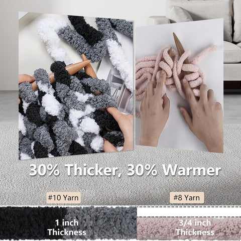 Cozyful Chunky Yarn for Hand Knitting - #10 Chunky Chenille Blanket Yarn, Jumbo Big Thick Chunky Yarns for Crocheting, Tie Dye Bulky Knit Yarns, 8 Skein (20 yds 8 oz Each Skein), Black & Grey & White