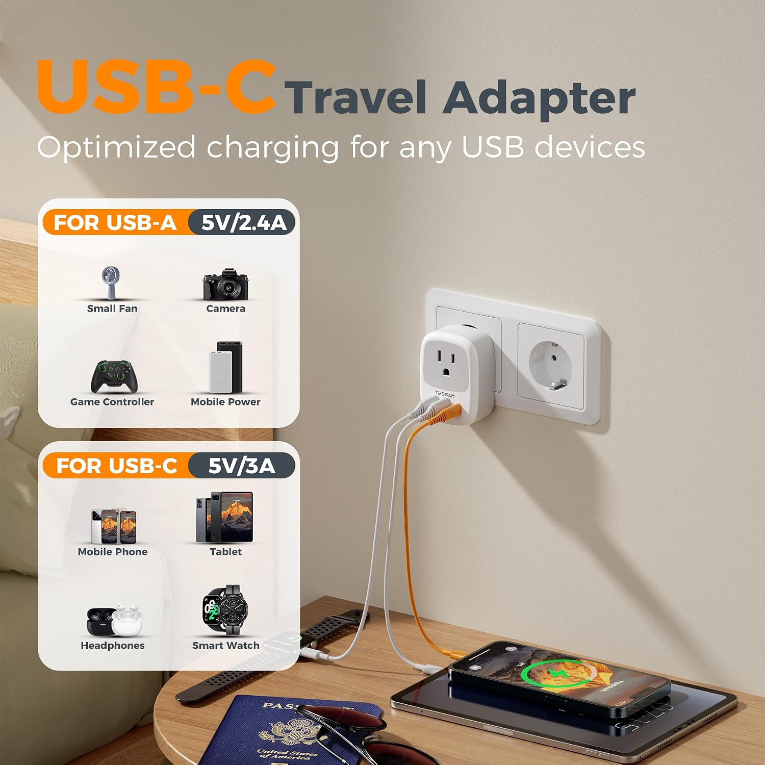 TESSAN 2 Pack European Travel Plug Adapter, US to Europe Plug Adapter