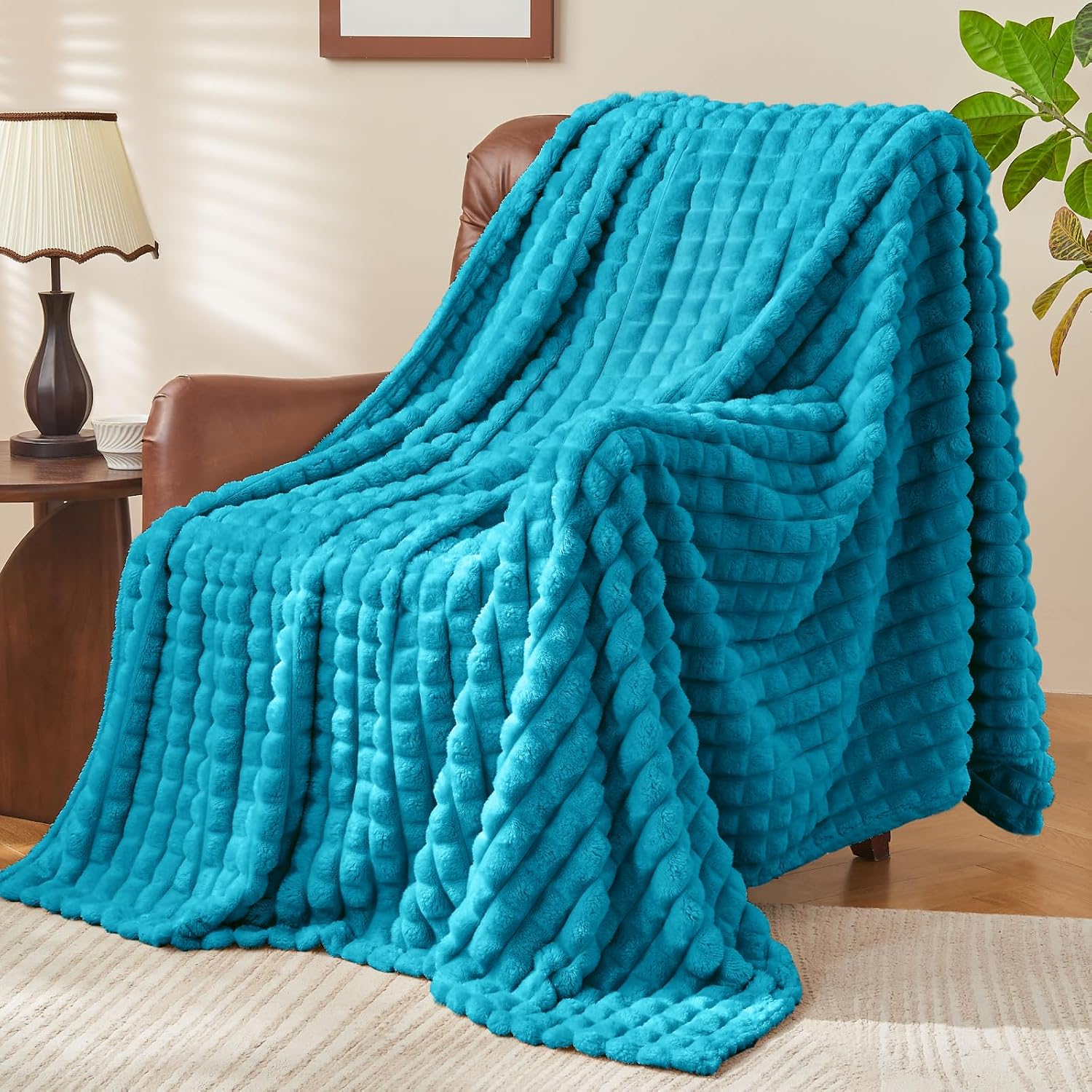 BEDELITE 3D Checked Teal Fleece Twin Throw Blanket for Bed, 60x80 Inch