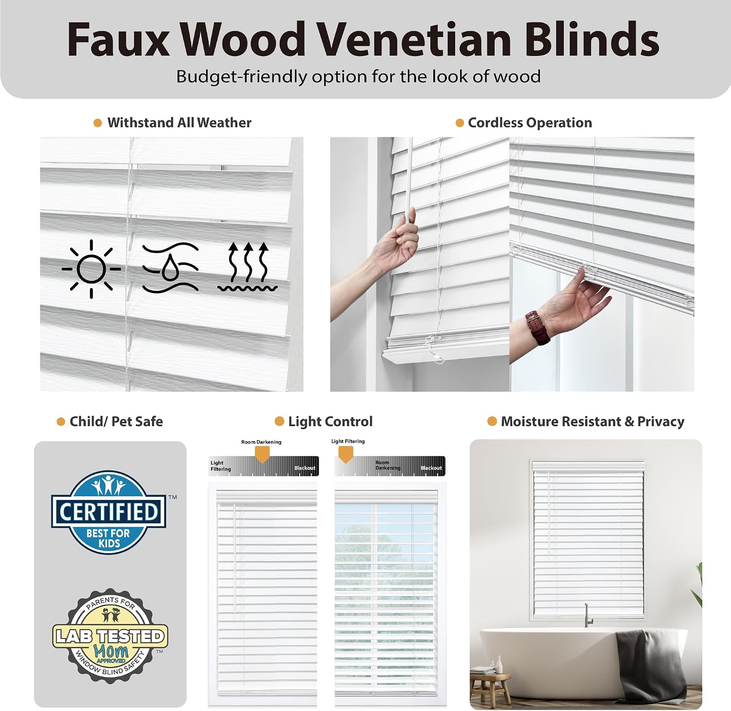 DEZ FURNISHINGS Cordless 2" Signature Faux Wood Blind, 30" W x 84" H, Embossed White