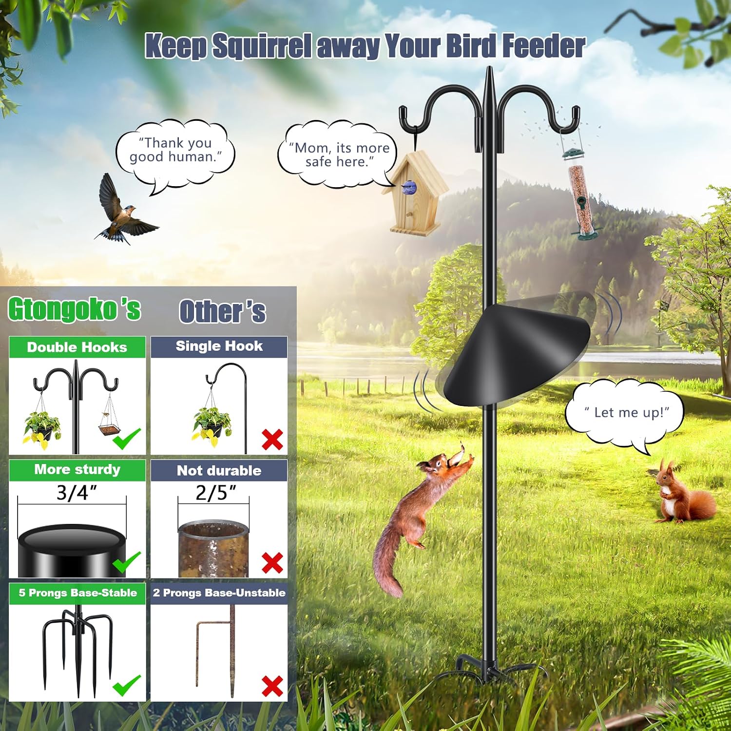 Gtongoko 92 Inch Double Hook Bird Feeder Pole with 19 Inch Squirrel Baffle