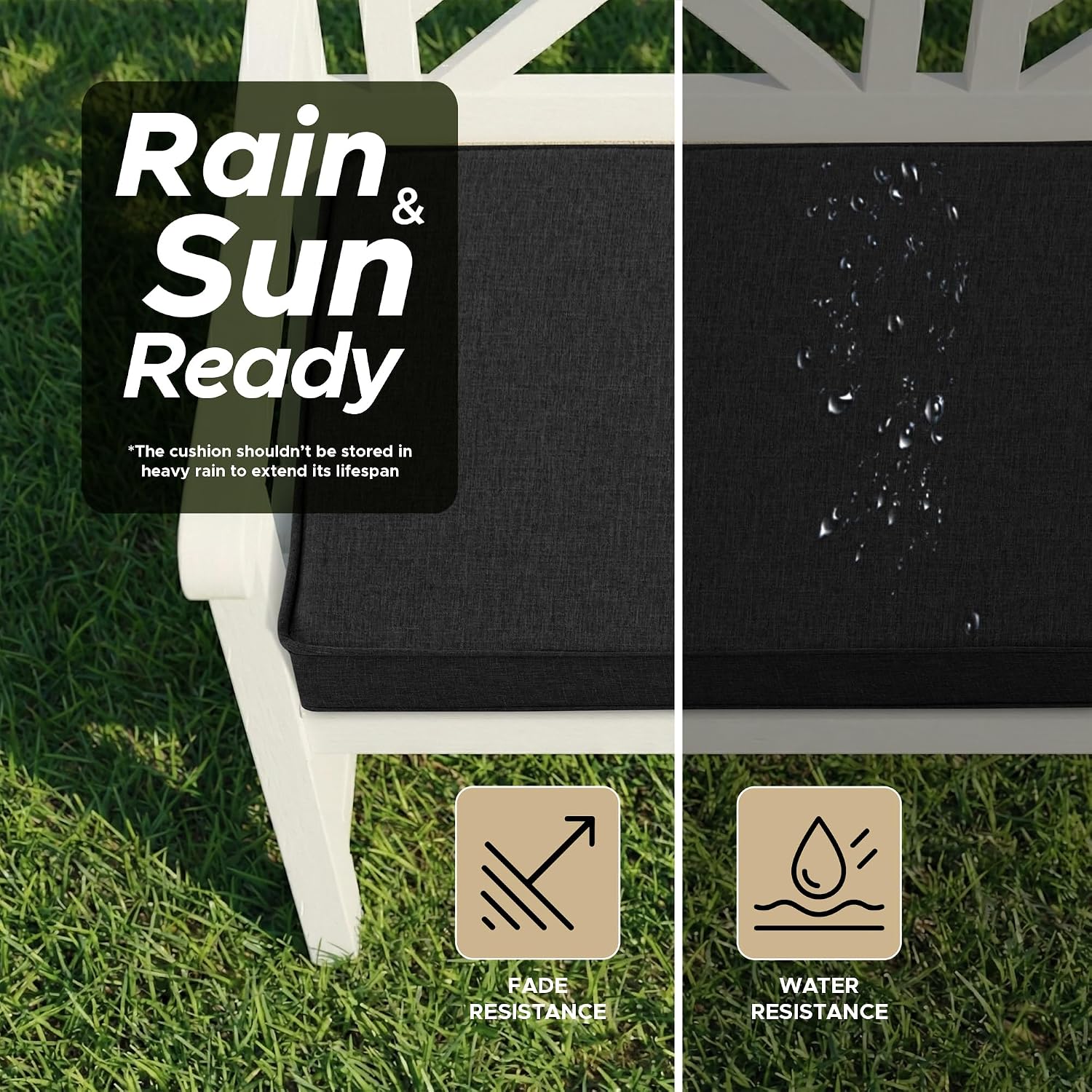 Outdoor Bench Cushion, 48 x 16 Inch, Black