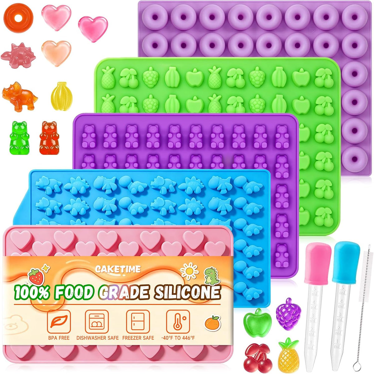 Gummy Molds, 5pcs Gummy Bear Candy Silicone Molds with 2 Droppers & 1 Brush
