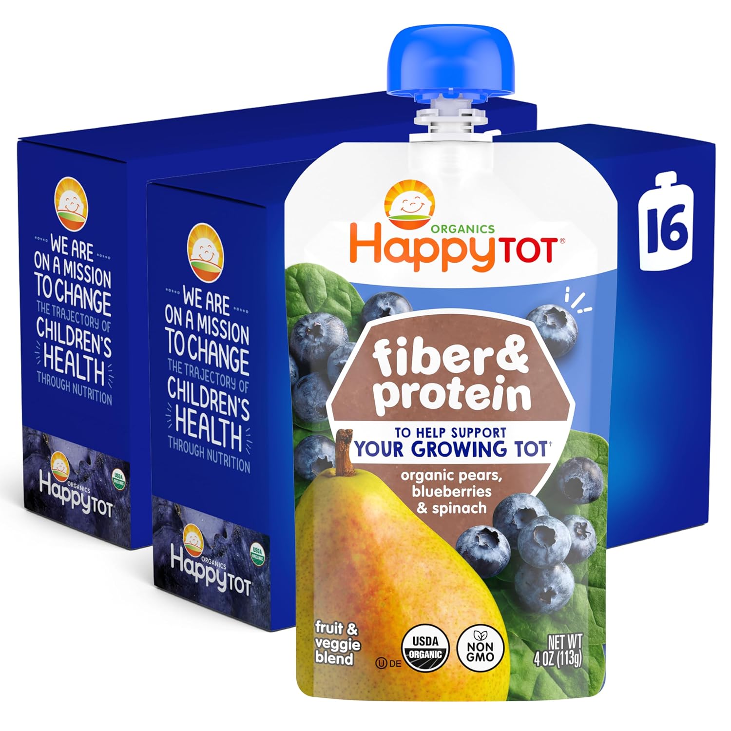 HAPPY TOT Fiber & Protein, Stage 4, Pears Blueberries Spinach, 4oz (16)