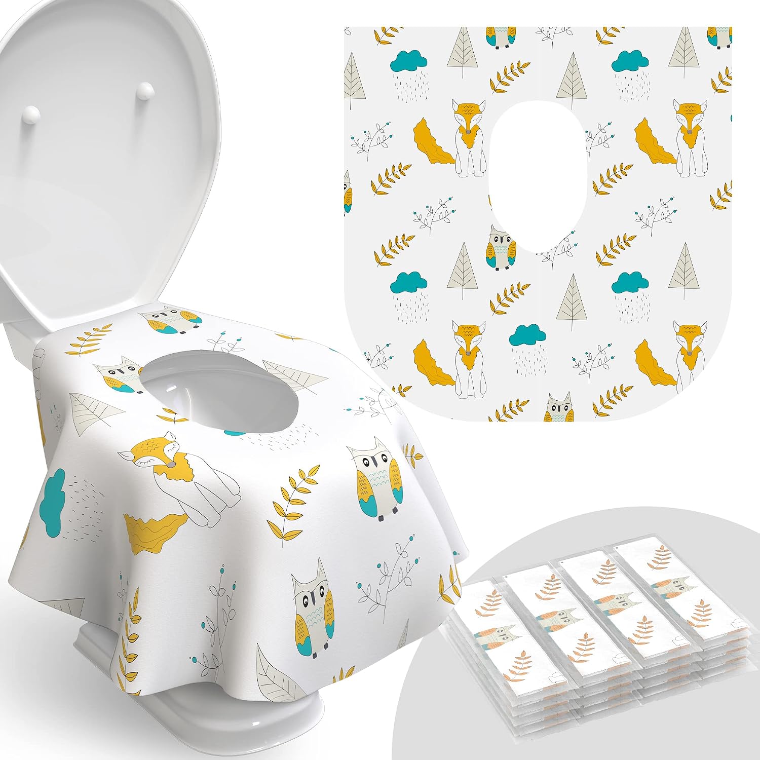 Relyo Disposable Toilet Seat Cover for Travel – 20 Pack with Covers Wrapped in Sets of 2, Non-Flushable Liners, Fits Most Seats – Kids, Toddlers, Adults (Owls, 20)