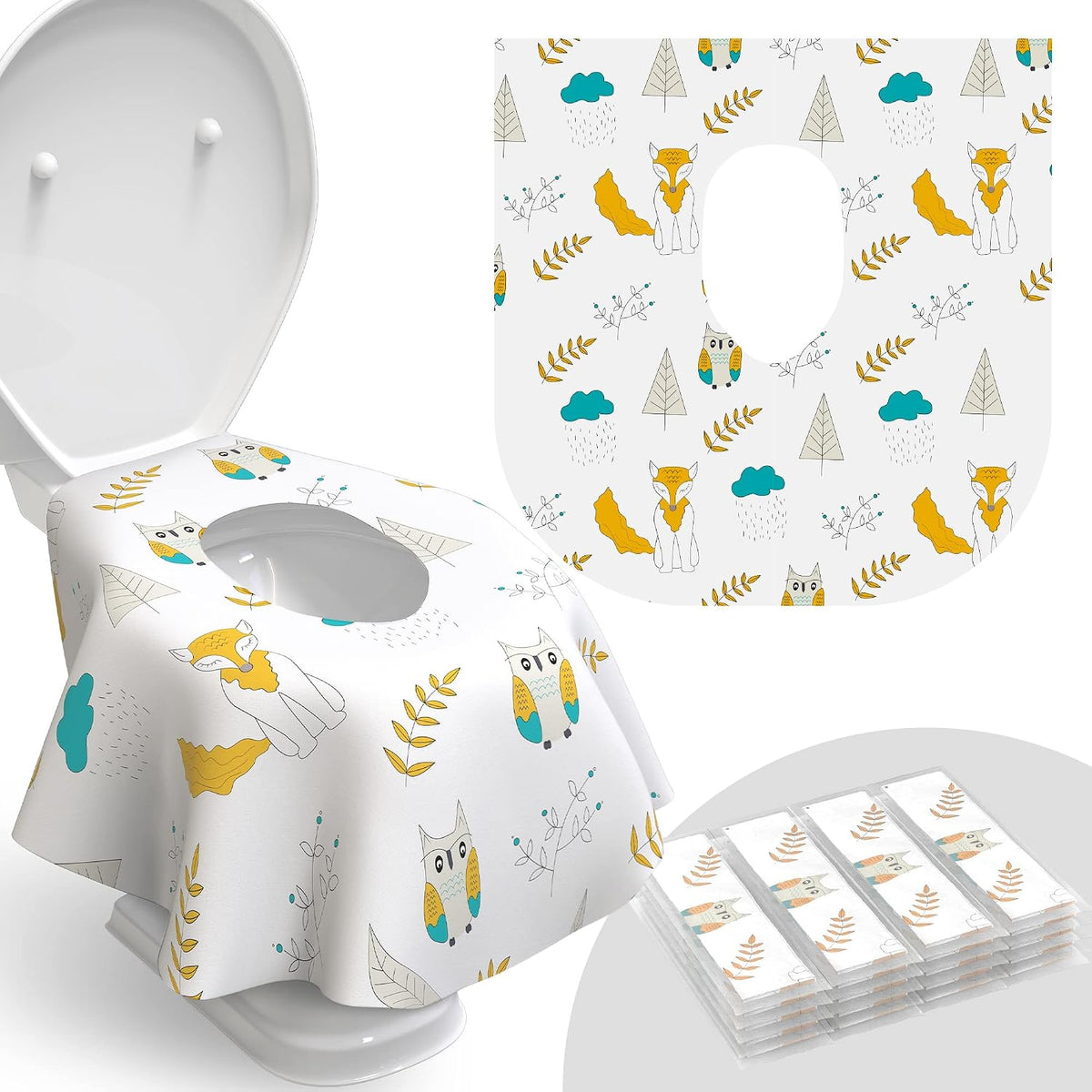 Relyo Disposable Toilet Seat Cover for Travel – 20 Pack with Covers Wrapped in Sets of 2, Non-Flushable Liners, Fits Most Seats – Kids, Toddlers, Adults (Owls, 20)