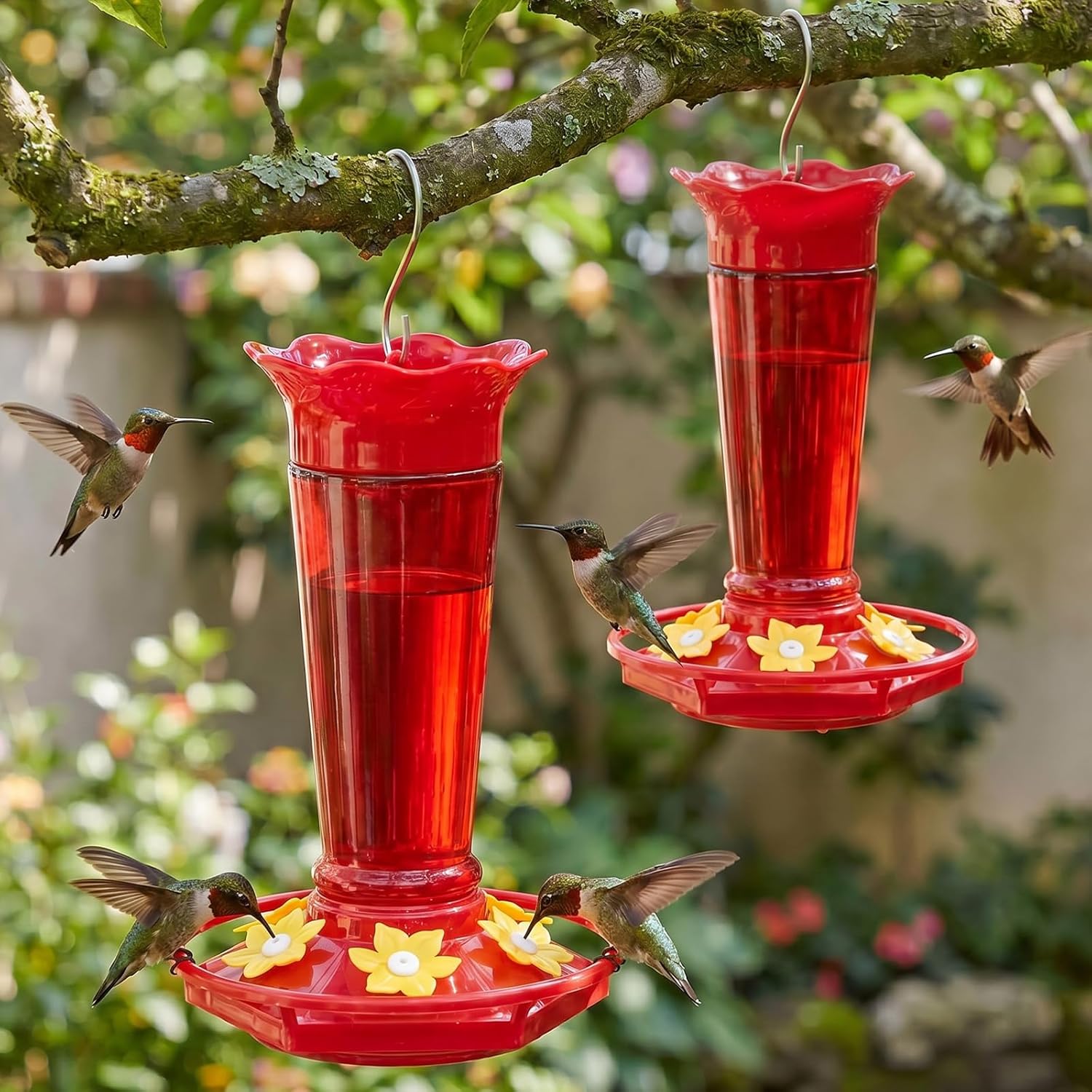 Gbekery 10 OZ Glass Hummingbird Feeders for Outdoors Hanging - Red 2 Pack, Ant & Bee Proof and 6 Feeding Ports, Garden Yard Décor Gifts for Mom