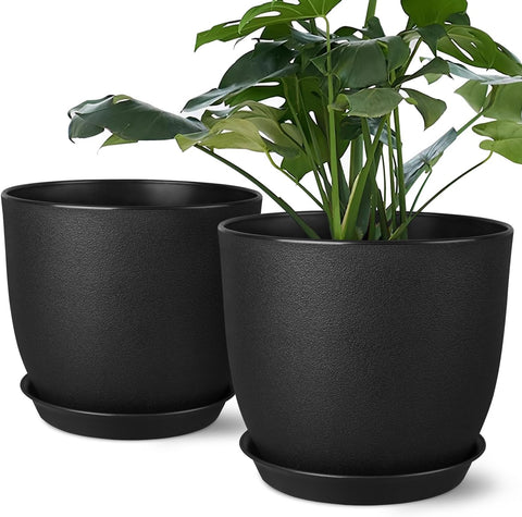 Ferlypote Plant Pots 8 Inch Set of 2, Flower Pots with Multi Mesh Drainage Holes, Planters for Indoor Outdoor Garden Plants and Flowers (Black)