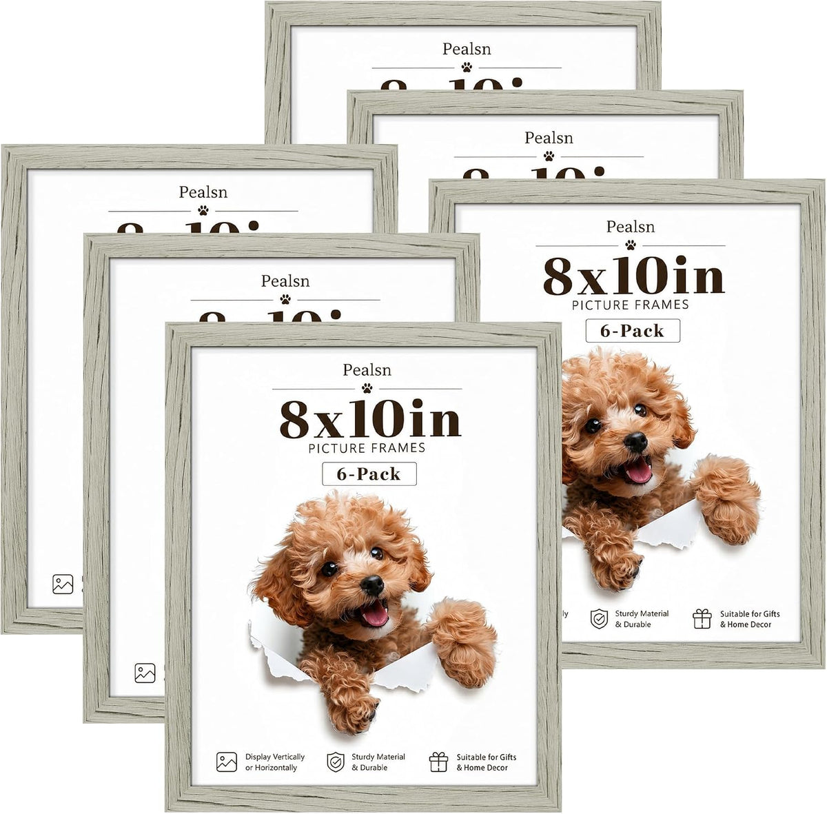 PEALSN 8x10 Picture Frame Set of 6, Wall or Tabletop, Gray