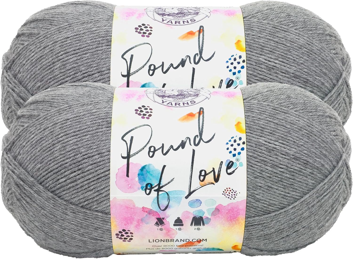 Lion Brand Yarn, Pound of Love Crochet Yarn, Oxford Grey, Gray, 2 Pack