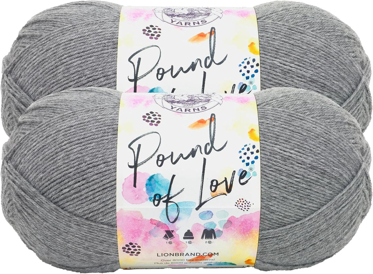 Lion Brand Yarn, Pound of Love Crochet Yarn, Oxford Grey, Gray, 2 Pack