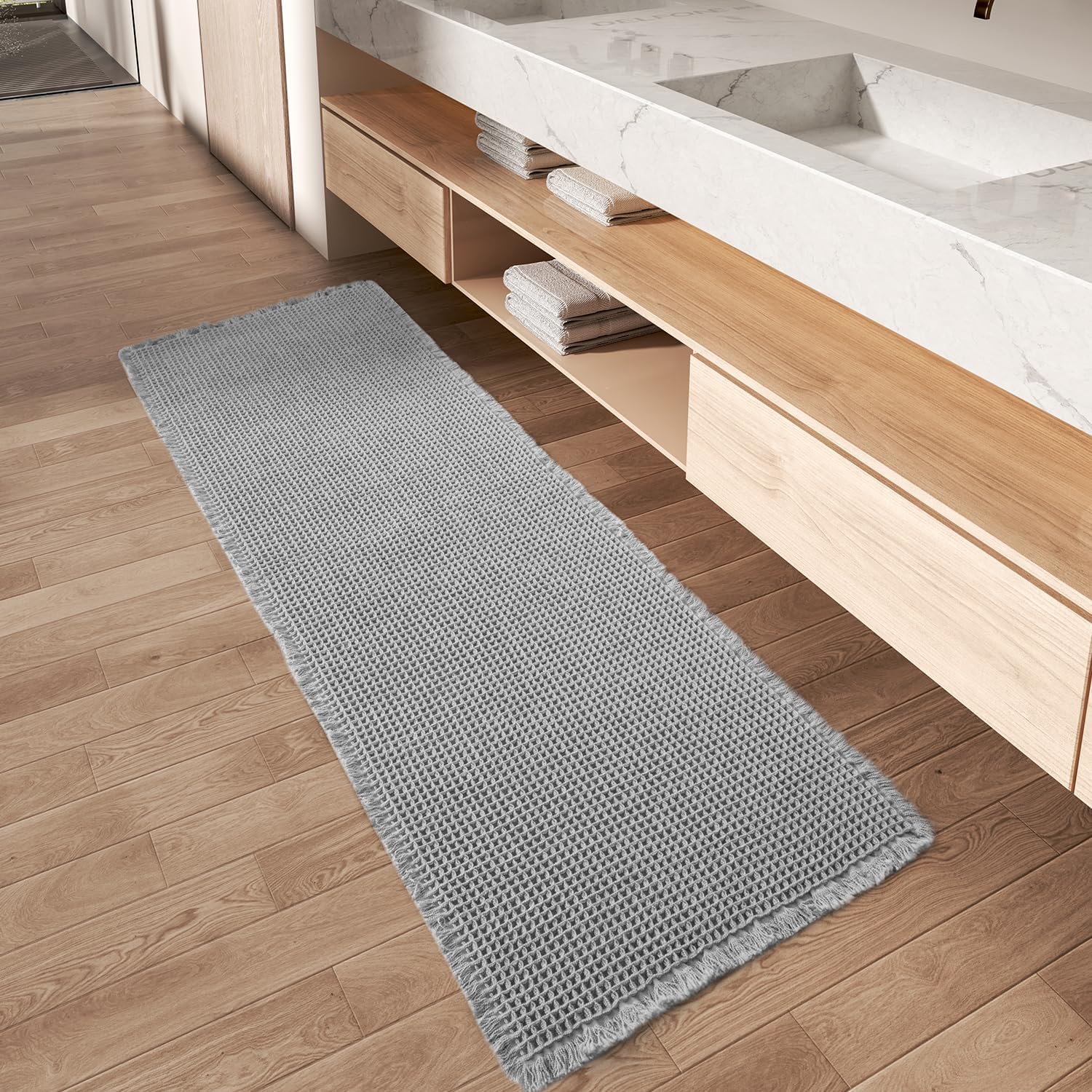AMOAMI Upgraded Non Slip Absorbent Waffle Bath Mat 2' x 6', Light Grey