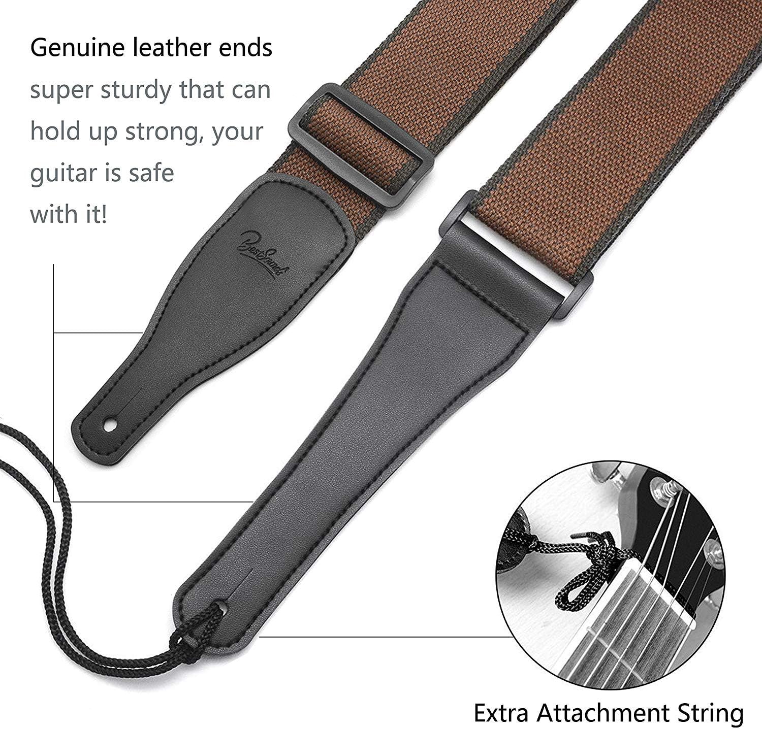 BestSounds Acoustic Guitar Strap, Soft Cotton & Leather Ends Strap for Electric & Bass Guitars come with 1 Button & 2 Locks