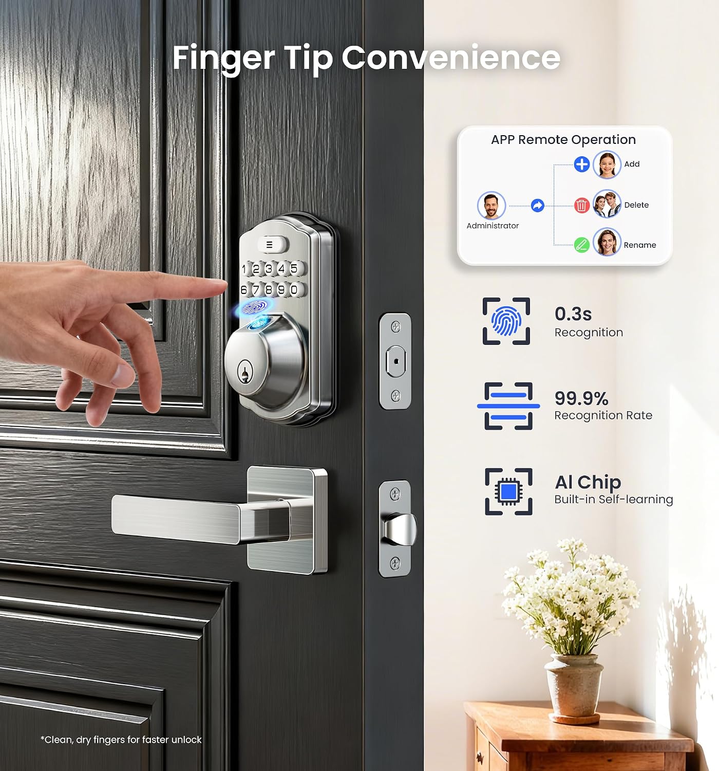 Veise VE012W-L WiFi Fingerprint Deadbolt Lock with Handle Set, Satin Nickel