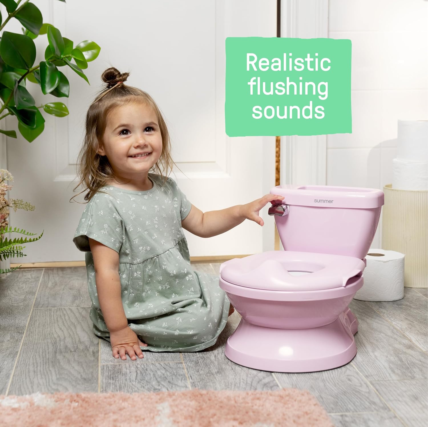 Ingenuity My Size Potty Pro 2-in-1 Potty Training Toilet, Floor Potty with Removable Potty Seat for Standard Toilets, Realistic Flushing Sound, For Toddlers Ages 18+ months, Up to 50 lb - Pink