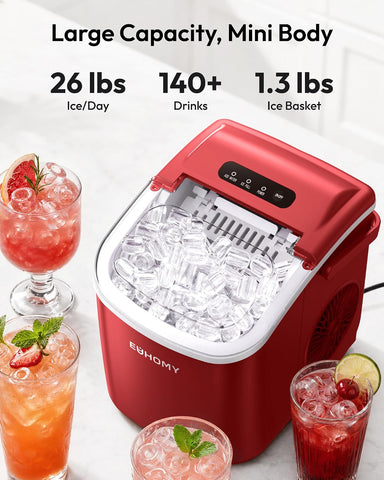 EUHOMY Countertop Ice Maker Machine with Handle, 26lbs Per Day, 9 Ice Cubes Ready in 6 Mins, Auto-Cleaning Portable Ice Maker with Basket and Scoop, for Home/Kitchen/Camping/RV (Red)
