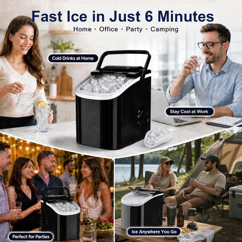 Portable Ice Maker with Handle, 26.5 lbs/Day Countertop Bullet Ice Maker, 9 Cubes Ready in 6 Mins, 42 dB Quiet, Self-Cleaning with Viewing Window, Basket & Scoop
