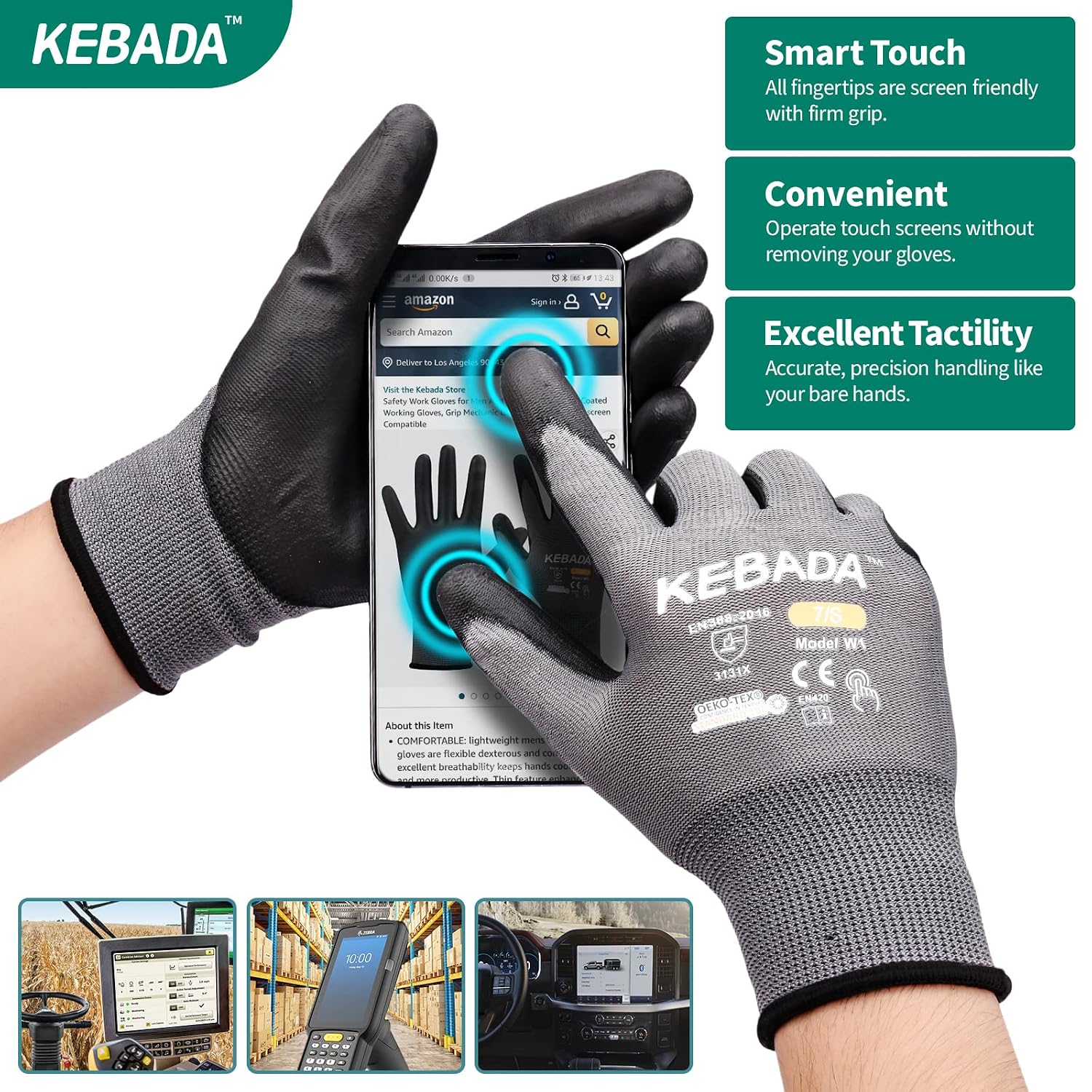 Kebada W1 Safety Work Gloves for Men & Women, Touchscreen, PU Coated