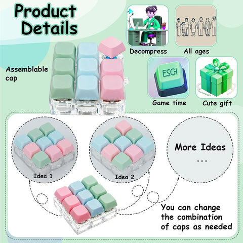 Keyboard Fidget Toy, Keyboard Fidget Keychain 9-in-1 Keyboard Decompression Button Finger Clicker Toys Stress Relief Fidget Gifts (3 Colors- Pink Blue Green)