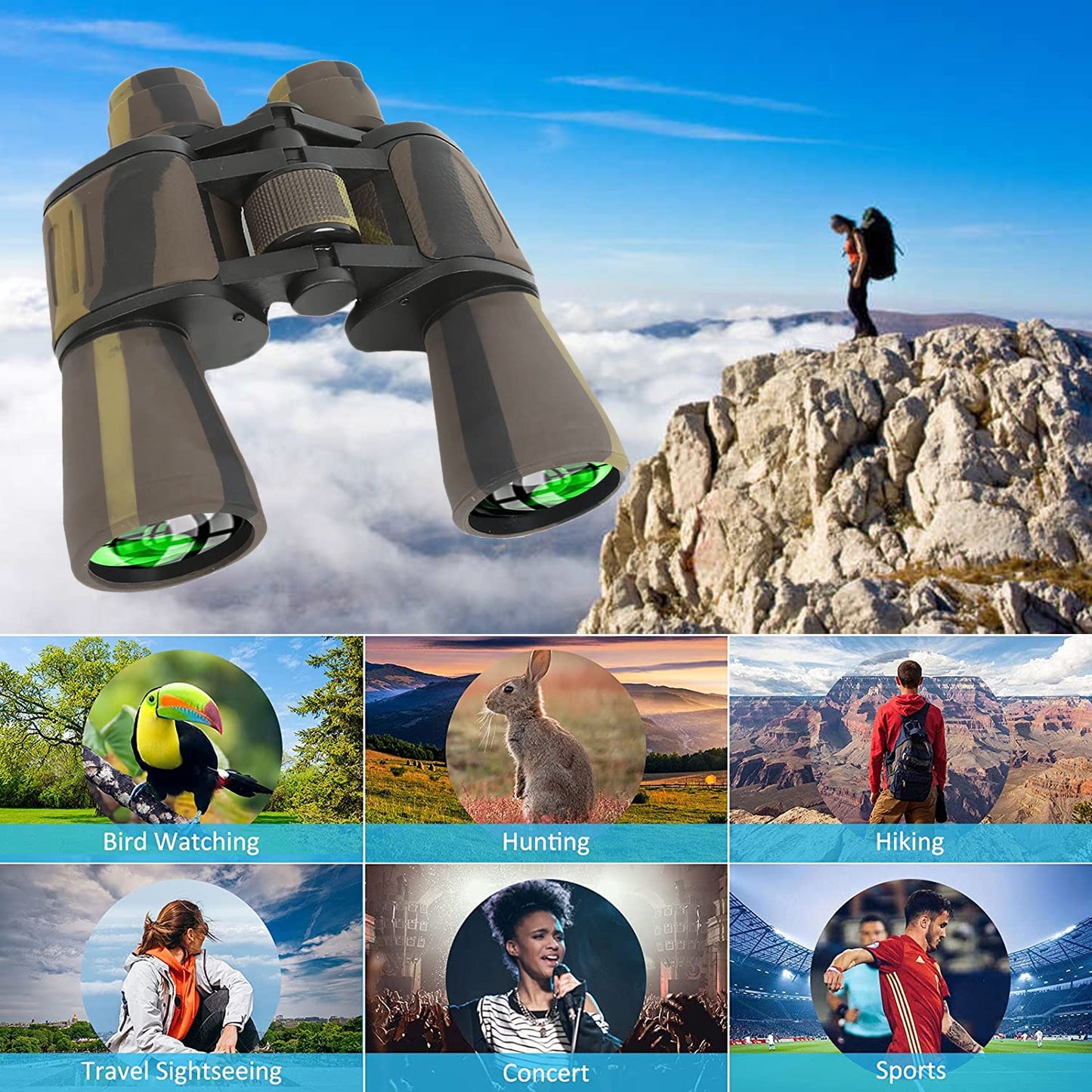 Binoculars for Adults 20x50 High Power Military Binoculars for Adults and Kids with Low Light Night Vision,Compact Waterproof Bird Watching Travel Hunting Stargazing BAK-4 Prism FMC Lens(Brown-2)